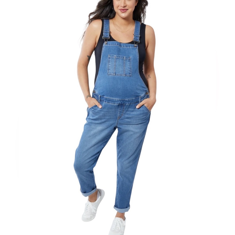 Isabel Maternity Denim Overalls Women's Size 10 Stretch Raw Hem Light Wash Denim